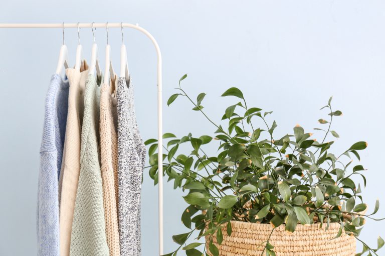 Ropa en un vestidor, ilustrando la suavidad y frescura de prendas tratadas con suavizantes naturales y ecológicos. Aprendre a cómo cuidar tu ropa sin contaminar el planeta usando alternativas eco-amigables como suavizantes caseros a base de vinagre, bicarbonato y aceites esenciales.